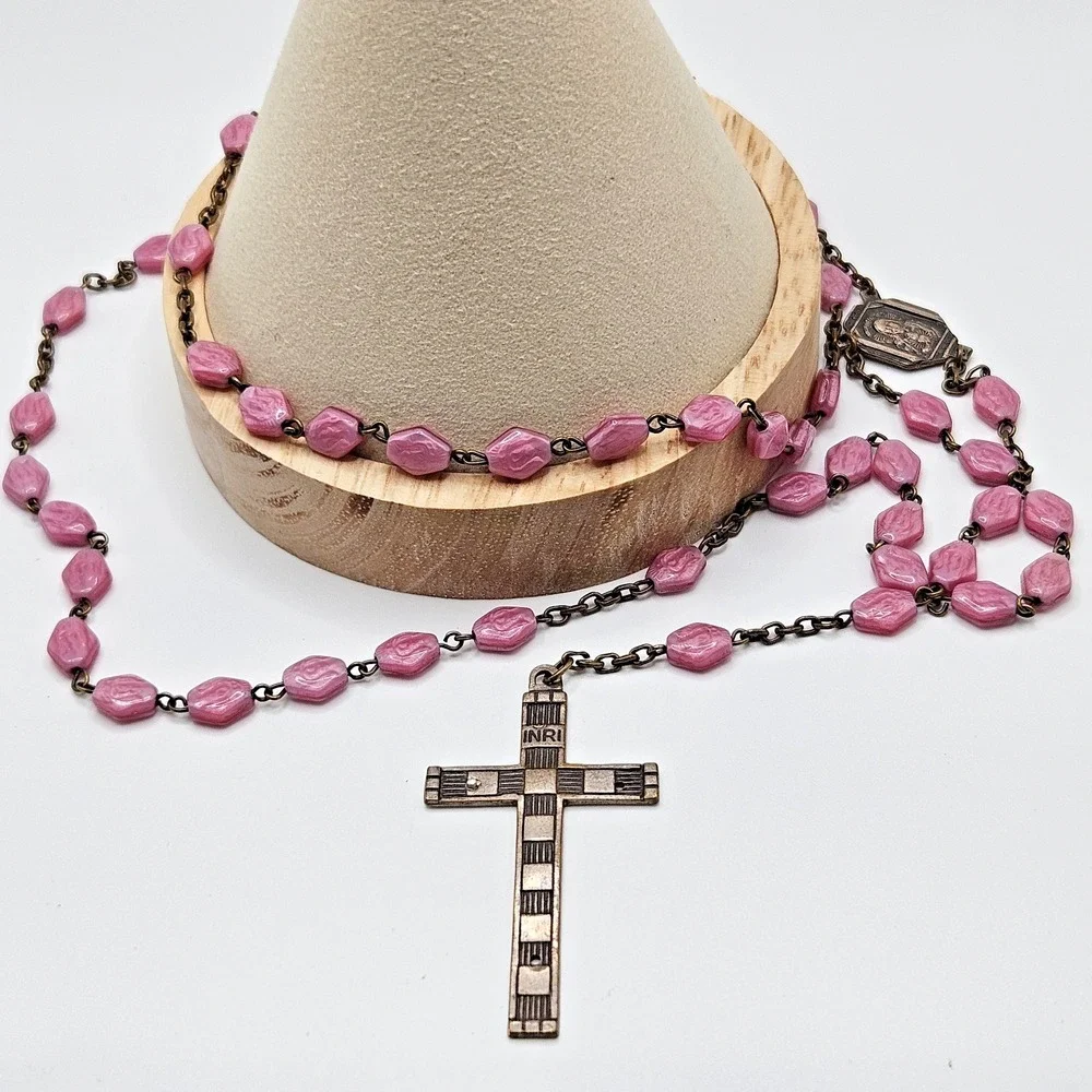 Vintage Czech Pink Glass Rosary Catholic Signed Czechoslovkia on Cross 22